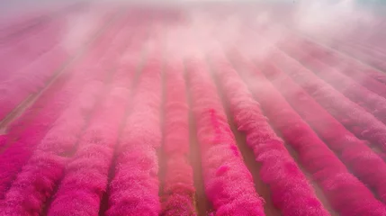 Keuken spatwand met foto A dreamlike landscape of endless pink flower fields shrouded in a soft morning mist, creating a serene and mystical atmosphere © Kondor83