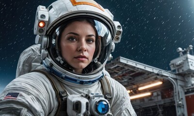 Ornate Odyssey: young woman Astronaut's Suit Takes Center Stage Amidst Intergalactic Thunderstorm