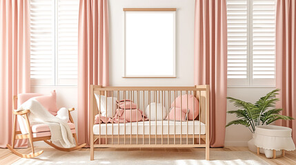 Warmly lit nursery room with a rocking chair and crib, soft pink tones and wooden accents. Cozy domestic concept. Generative AI