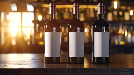 Three bottles of red wine with white labels on bar counter