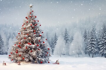 A snowy forest with a decorated Christmas tree