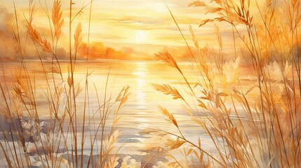 watercolor painting of lake and tall grass at sunset