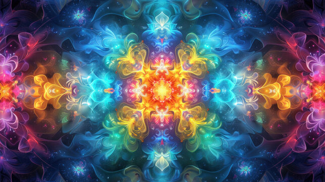 Fototapeta Psychedelic kaleidoscopic fractal glowing with neon lights
