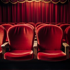 Empty red velvet theater seats with a red curtain in the background