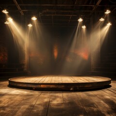 Wooden stage with spotlights in a dark room - obrazy, fototapety, plakaty