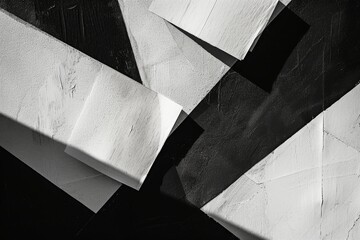 Abstract Piece in Black and White Intersecting Planes - Canvas Texture emphasis High Angle Recontextualized use of Paper contrasting Shadows Color Blocked Textile created with Generative AI Technology - obrazy, fototapety, plakaty
