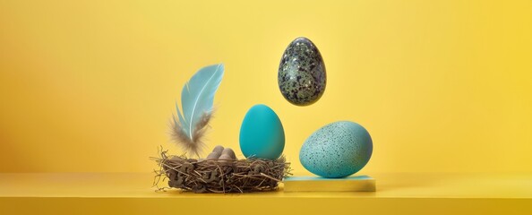 Easter concept with colorful eggs in a nest, feathers, and blue egg standing out on a vibrant yellow base