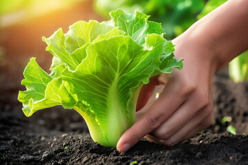 The farmer collects young vegetables in the garden.