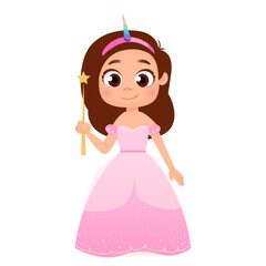 Cute Girl Character Adorned In A Pink Dress, A Wand In Hand, She Enchants With A Magical Allure