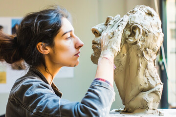 Young woman working with a sculpture in a pottery workshop, making ceramic sculpture of a man's head.