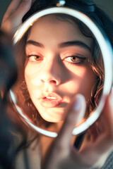 Close up portrait of a young latina looking in the mirror in the sunlight. Vertical.