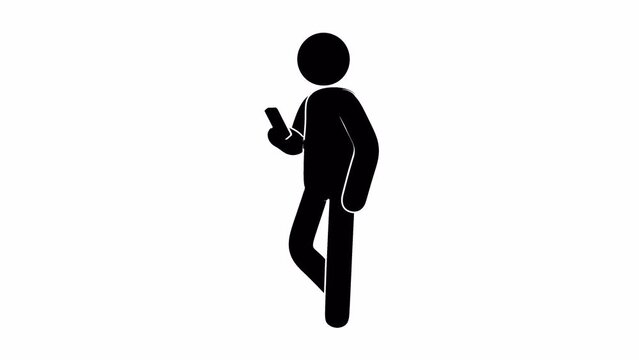 Pictogram man walking with a smartphone in his hand. Stickman uses a smartphone on the go. Looped animation with alpha channel