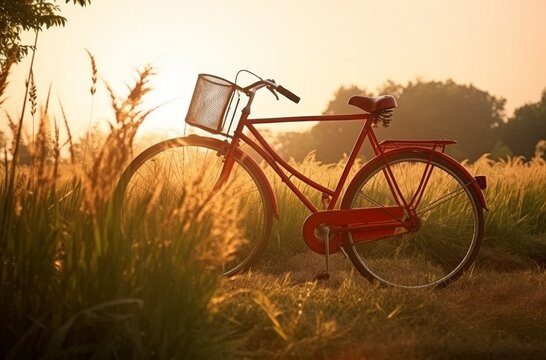 beautiful landscape image with Bicycle at summer grass field © Riz