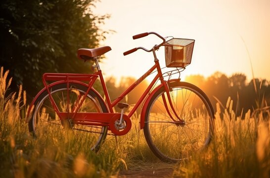 beautiful landscape image with Bicycle at summer grass field