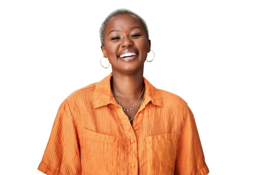 Happy, excited and portrait of young black woman with positive, good and confident attitude. Laughing, goofy and African female person with comic, funny and comedy joke by transparent png background.