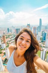 Young Colombian woman taking a selfie during a trip to a big city. Travel and leisure concepts. With copy space..
