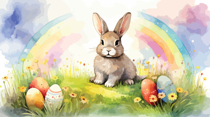 Fototapeta na wymiar Easter bunny with easter eggs under rainbow