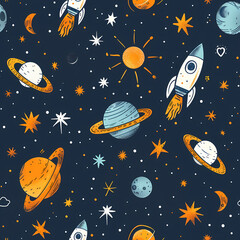 Seamless pattern with hand drawn planets and space.