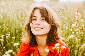 Portrait of a young Caucasian woman in her 30s smiling at the camera in a field of flowers. Spring concept.