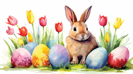 Easter bunny with eggs and tulips meadow watercolor