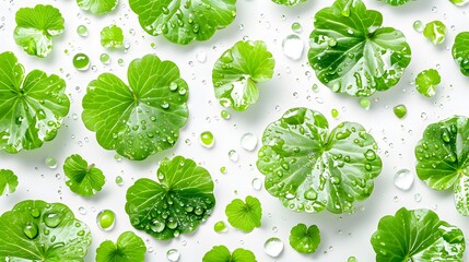Centella asiatica leaves with rain drop isolated on white background top view. - obrazy, fototapety, plakaty