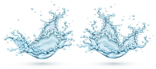 Set of Water splashes spray and drops of pure drinking mineral water. Realistic liquid with bubbles. Isolated. PNG Illustration.