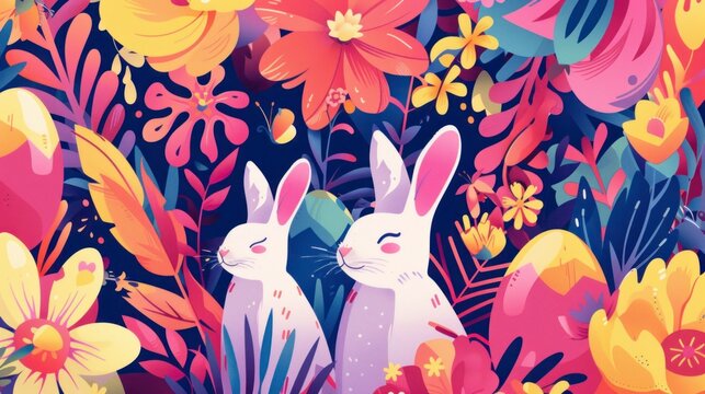 beautiful illustrations of Happy Easter day with rabbits