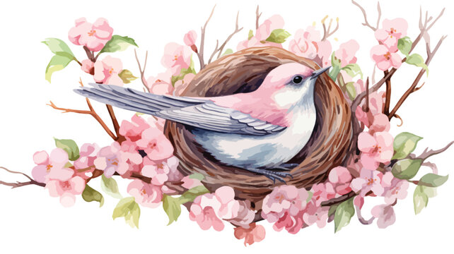 Small bird on nest with eggs spring pink flowers.