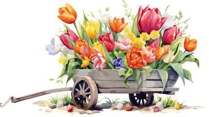 Wheelbarrow with Colorful Tulip Blooms. Watercolo