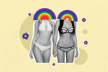 Creative composite photo collage of two girls with rainbow instead of head dating hold hands...