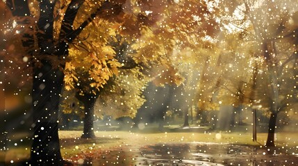 landscape autumn rain drops splashes in the forest background, october weather landscape beautiful park. 
 - obrazy, fototapety, plakaty