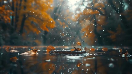 landscape autumn rain drops splashes in the forest background, october weather landscape beautiful...