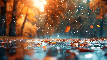 landscape autumn rain drops splashes in the forest background, october weather landscape beautiful park. 
