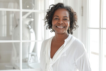 Beautiful, radiant 60-year-old African American woman, exuding elegance and vitality with her wide smile, standing in white blouse against the background of a white bathroom and big windows