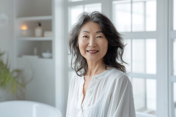Beautiful, radiant 60-year-old Asian woman, exuding elegance and vitality with her wide smile, standing in white blouse against the background of a white bathroom and big windows. Copy space