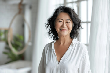 Beautiful, radiant 60-year-old Korean woman, exuding elegance and vitality with her wide smile, standing in white blouse against the background of a white bathroom and big windows. Copy space