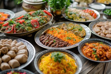 Iftar buffet, a variety of typical Middle Eastern food served on the dining table for Muslims to break their fast in the month of Ramadan - obrazy, fototapety, plakaty