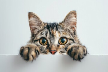 Obraz premium Curious Cat Playfully Peeking Behind White Surface Banner. Adorable Feline Charm with Ample Copy Space. Perfect for Pet-related Advertisements, Greeting Cards, and Social Media Posts