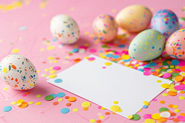 Fototapeta na wymiar Colorful Easter eggs surround a blank white paper on a pink background, a festive setup for a holiday message. Banner with copy space.