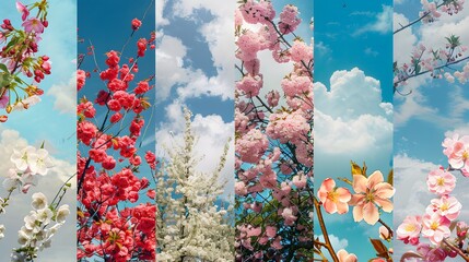 Spring Blossoms Collage Under Blue Sky. A collage of various spring blossoms, including cherry and apple flowers, against a vibrant blue sky with fluffy clouds. See Less

