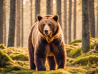 Brown bear in the forest at sunset.