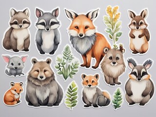 Fototapeta premium Set of cute cartoon animals with leaves and branches. Vector illustration. Stickers, cutting edges