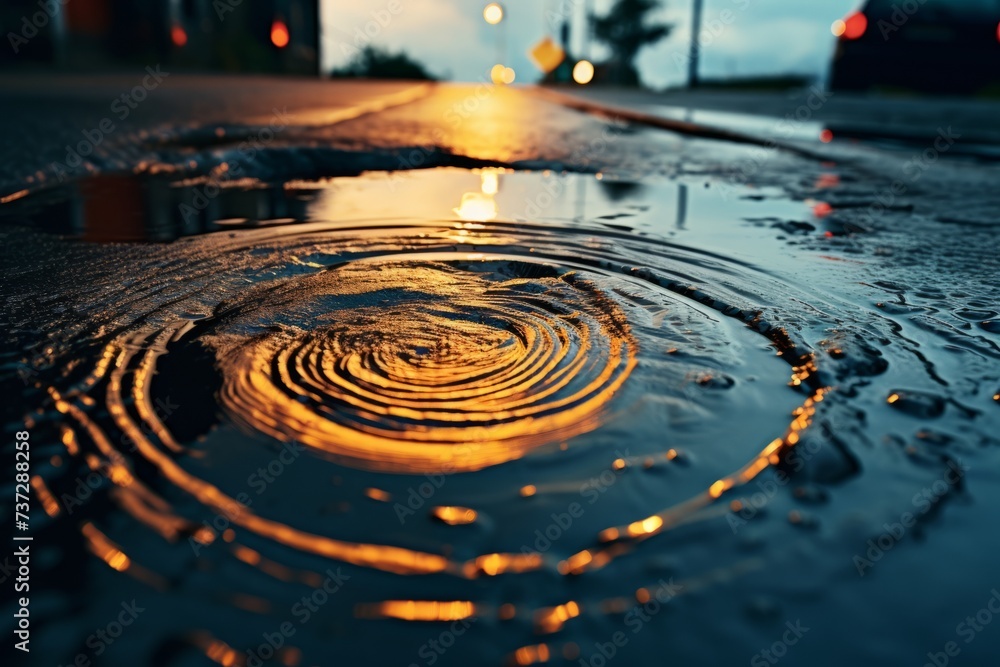 Poster a fluid motion shot of a distorted reflection in a rain puddle