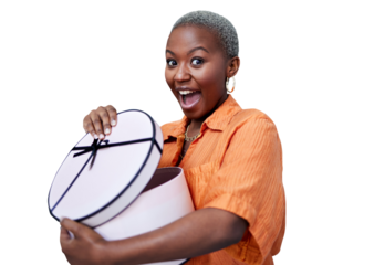 Opening, box and black woman with surprise, present or birthday on transparent, isolated or png background. Wow, excited and girl with shock for gift, package or winner smile for giveaway of fashion