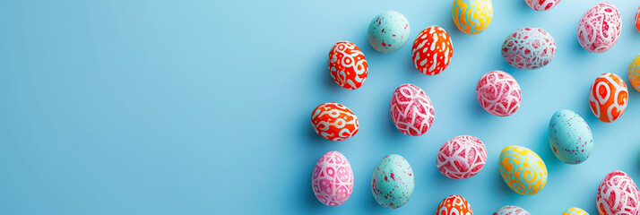 Colorful, patterned eggs float against a blue backdrop, symbolizing the Easter celebration with art and tradition. Vibrant, festive, and perfect for the spring season. Easter concept. Banner.