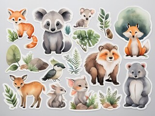 Stickers, cutting edges, Set of cute cartoon animals stickers on grey background. Vector illustration.