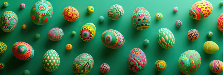 Colorful, patterned eggs float against a green backdrop, symbolizing the Easter celebration with art and tradition. Vibrant, festive, and perfect for the spring season. Easter concept. Banner
