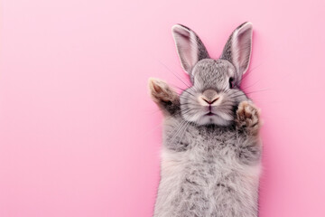 Cute grey rabbit lying on back on pink background, fluffy ears, playful posture, animal antics, bunny paws up, adorable pet, whiskers detail, comical position, close-up shot, space for text. - obrazy, fototapety, plakaty