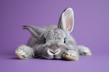 Cute grey rabbit lying on back on purple background, fluffy ears, playful posture, animal antics, bunny paws up, adorable pet, whiskers detail, comical position, close-up shot, space for text.