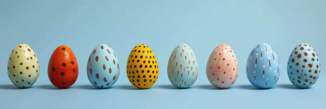 Easter eggs arranged in a random order on blue background with copy space, each egg featuring its own unique pattern and color